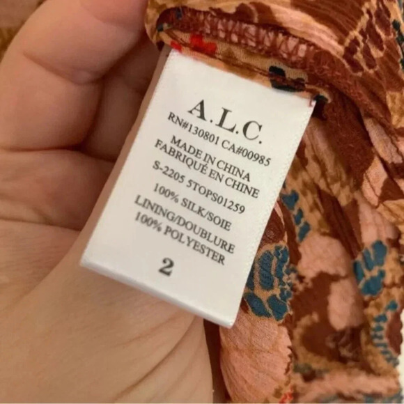 A.L.C. Flowing Paisley Long Sleeve Split Tie Neck Delphina Silk Blouse Brown 2 - Picture 6 of 13